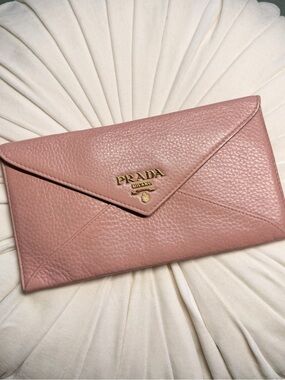 Prada Rose Pink Pebbled Leather Envelope Clutch with Gold Logo